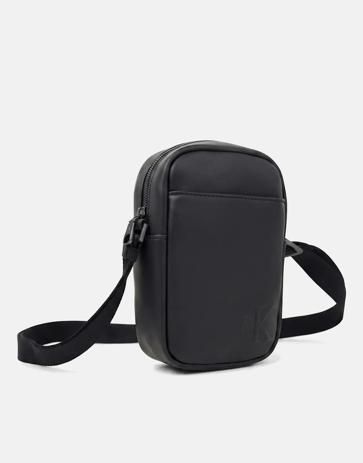 Calvin Klein Bold Slim Black Reporter Bag, crafted from durable faux leather with an embossed logo and an adjustable