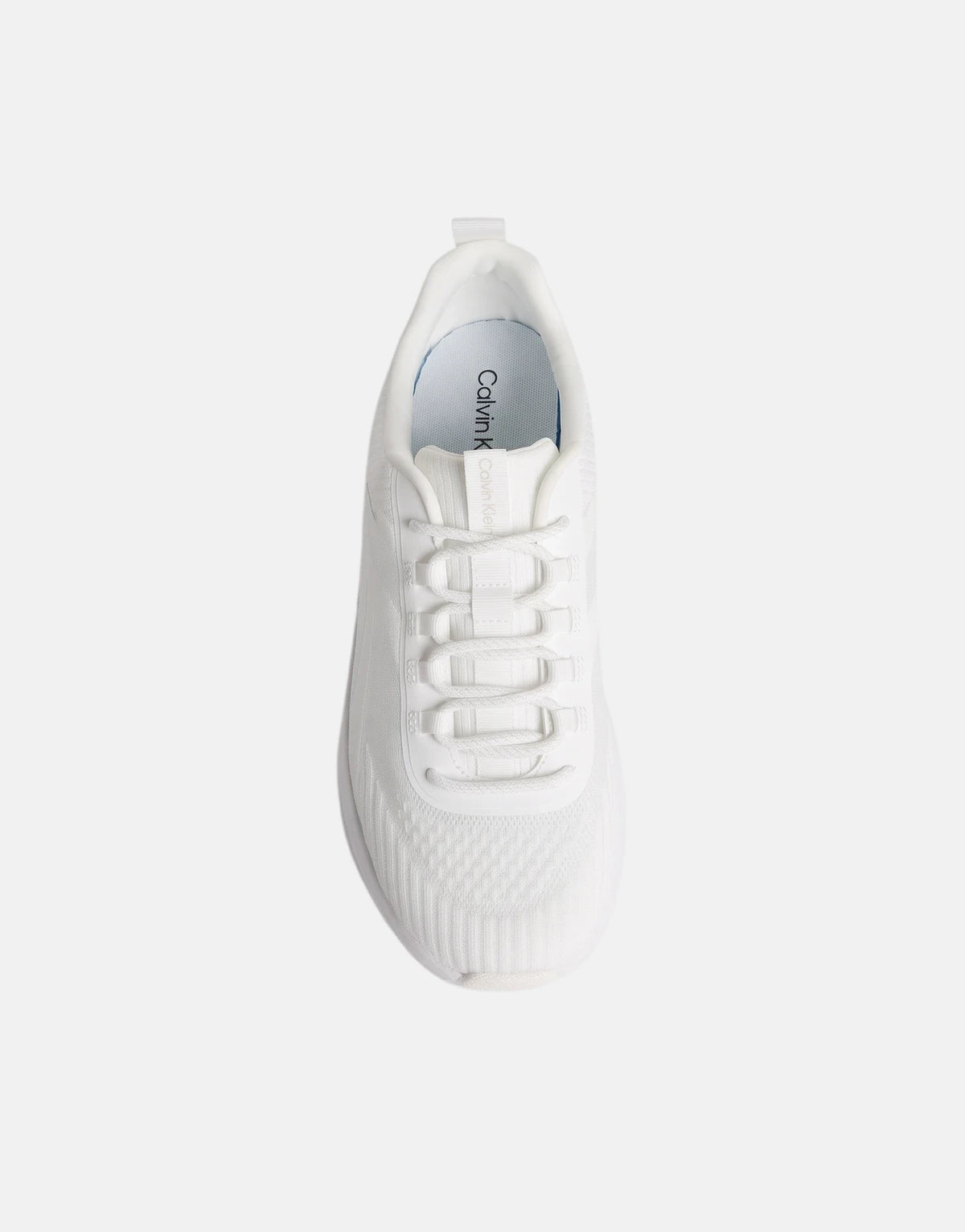 Calvin Klein Chunky Run Lacesock Stripe white sneaker, top-down view, with visible laces and woven knit upper.