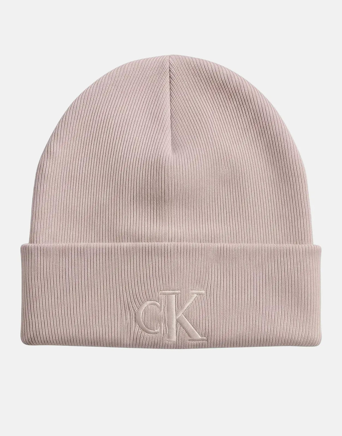 Close-up of a Calvin Klein Fine Rib Beanie in beige, featuring the embroidered 'CK' logo on its ribbed cuff.