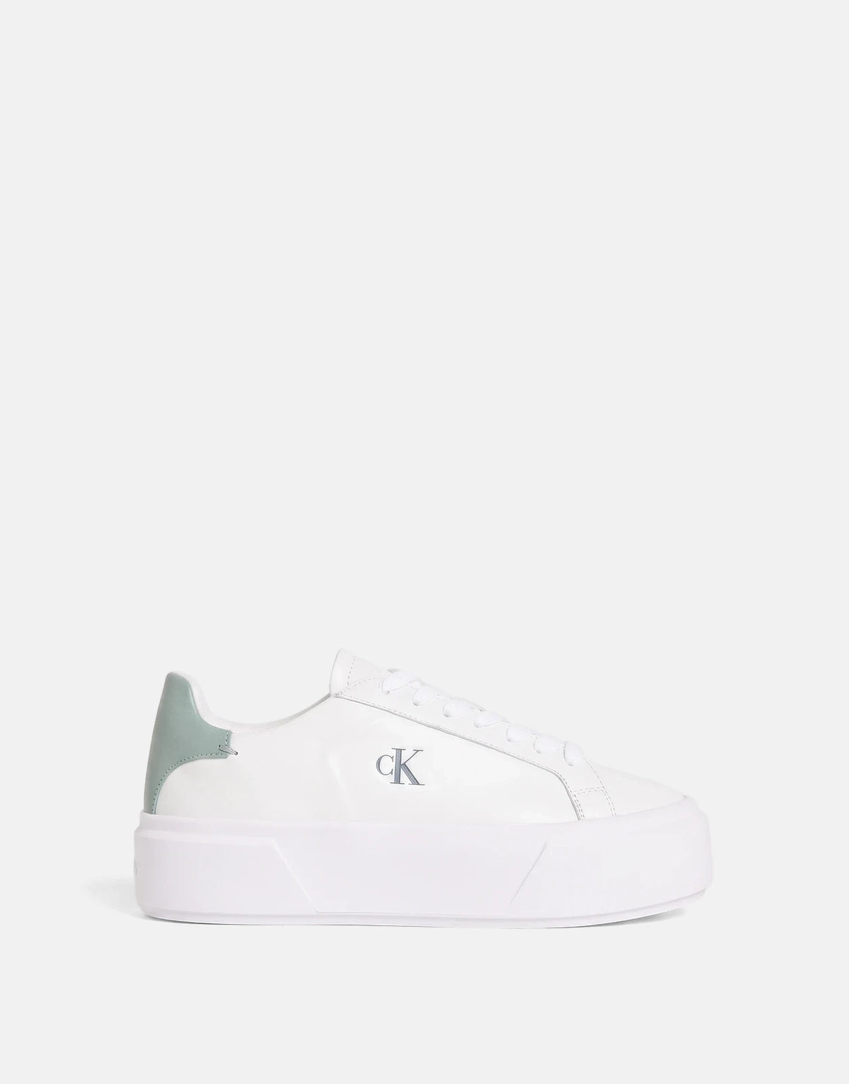 Calvin Klein women's flatform lace-up sneakers in white with a light green heel accent, shown in a side view.