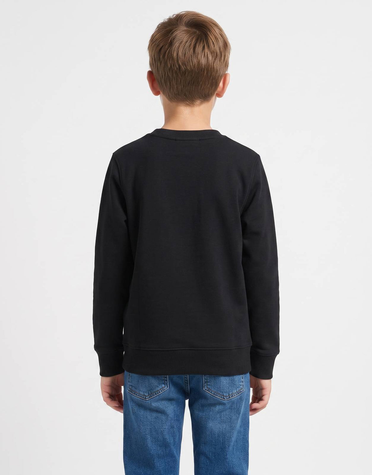 Calvin Klein Kids black long-sleeve sweatshirt with a simple crew neck and ribbed details, shown from the back view on a