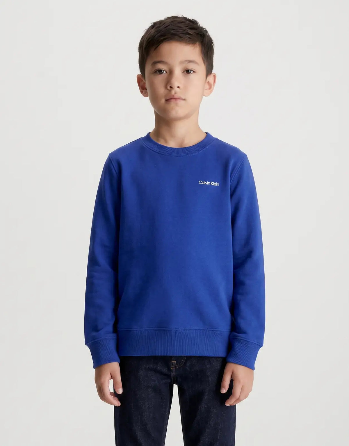 Calvin Klein Kids Chest Inst Logo regular fit royal blue long-sleeve sweatshirt on a child model, front view.