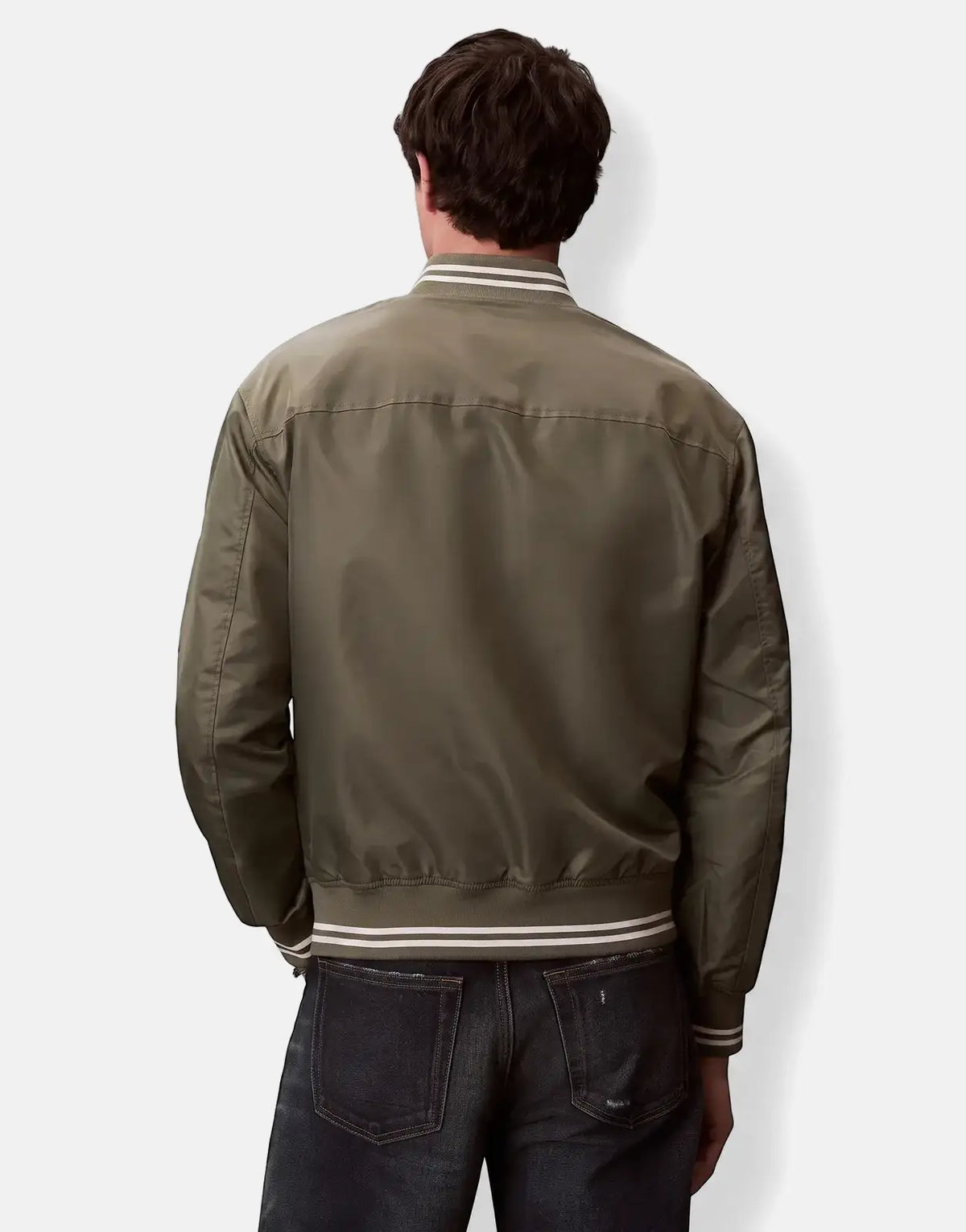 Men's olive green Calvin Klein Tipped Hero Bomber Jacket, shown from the back, featuring striped ribbed trim.