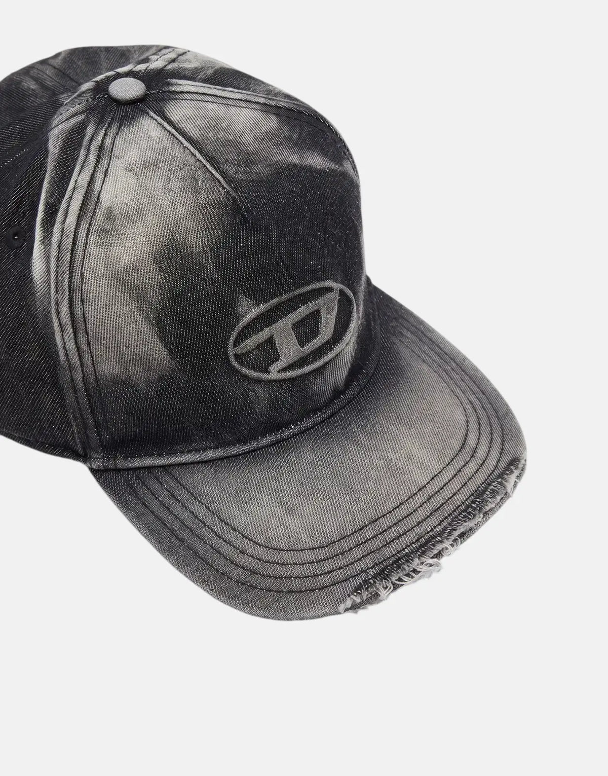 Diesel C-Seymon Black Hat in washed denim with distressed brim and embroidered logo, shown from an elevated perspective.