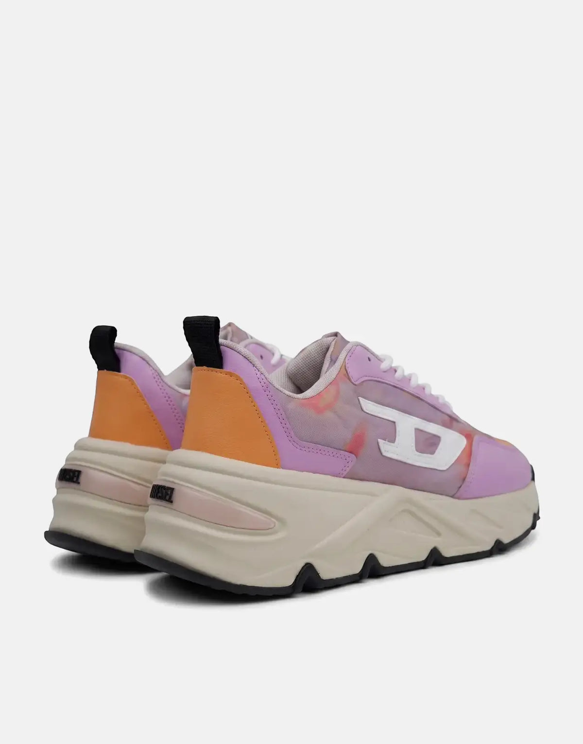 Diesel S-Savannah Tulu Sneakers HB578, featuring a pink and orange upper with a chunky beige sole, viewed from the rear.