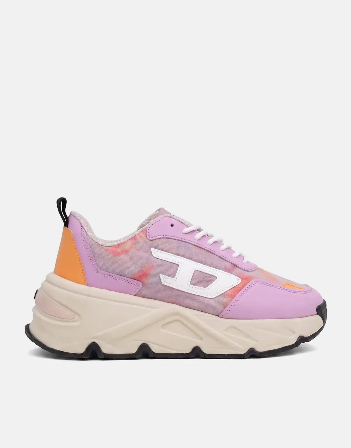 Diesel S-Savannah Tulu sneakers in pink, purple, and orange with a chunky beige and black sole, shown from a side profile.