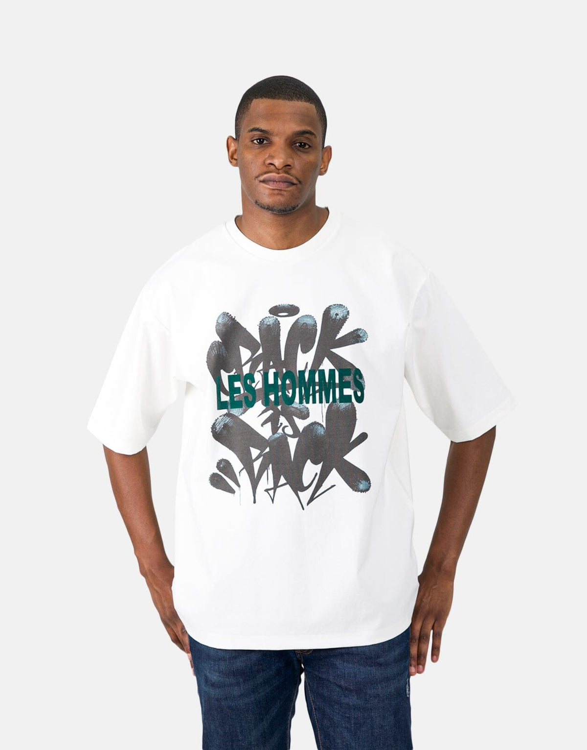 Les Hommes Flock Grafiti Print White T-Shirt - Subwear