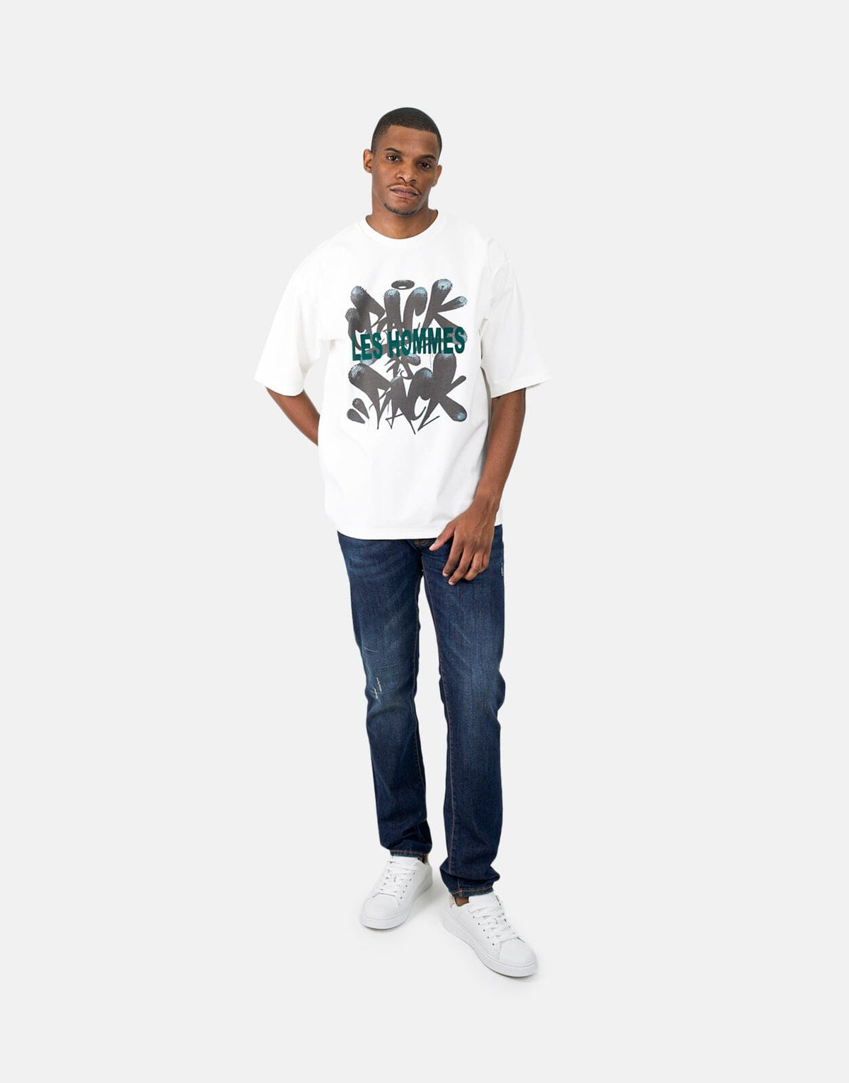 Les Hommes Flock Grafiti Print White T-Shirt - Subwear