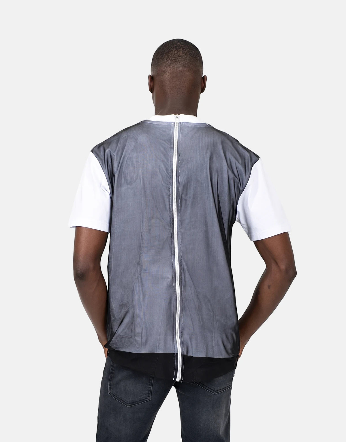 Les Hommes Tulle White T-shirt for men, shown from the back, featuring a sheer grey sleeveless overlay with a prominent