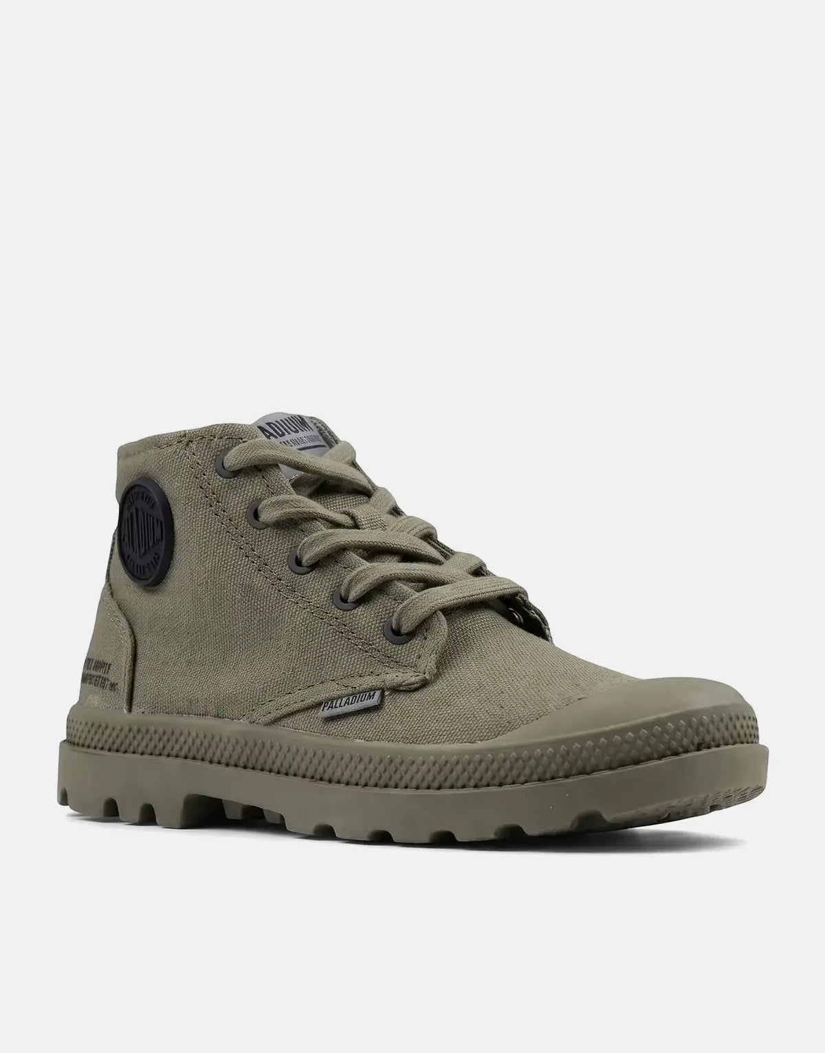 Palladium OLN Pampa Kids high-top boot in olive green canvas with laces and a lugged sole, viewed from the side.