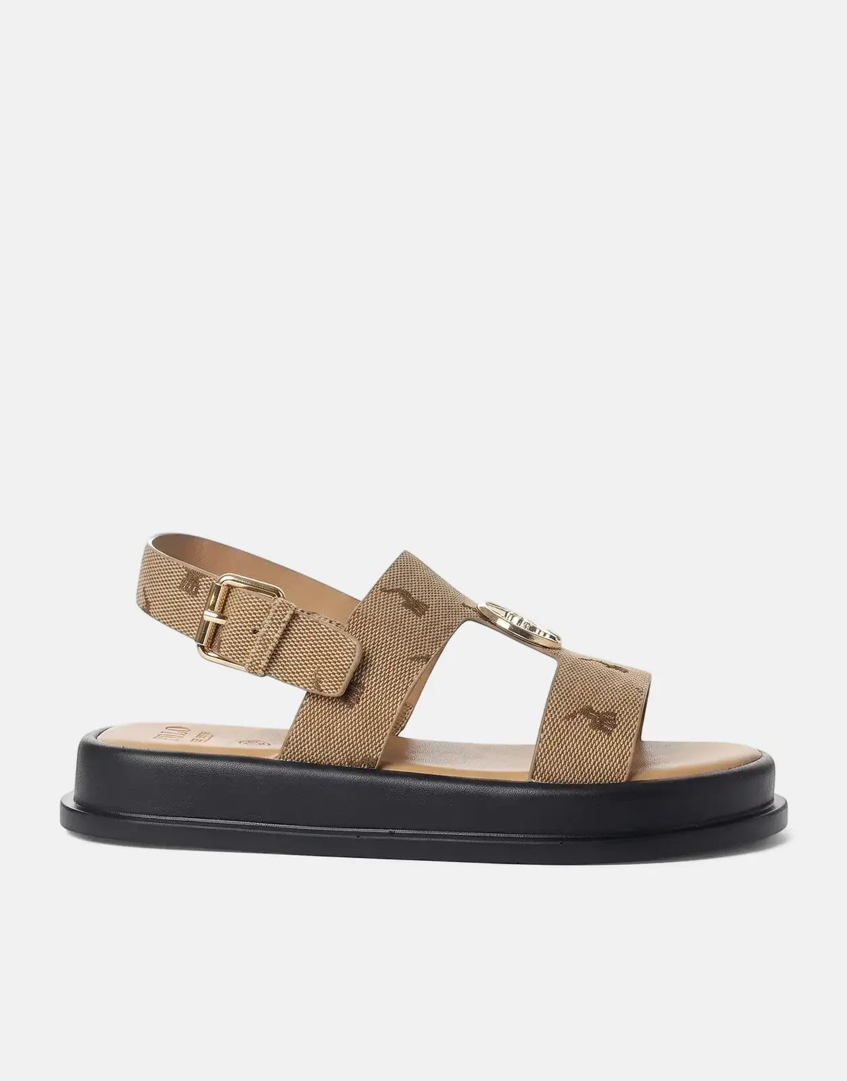 Polo Kids Moulded Stone Trim Sandals in a side profile, featuring brown canvas straps with a pattern, a black platform sole,