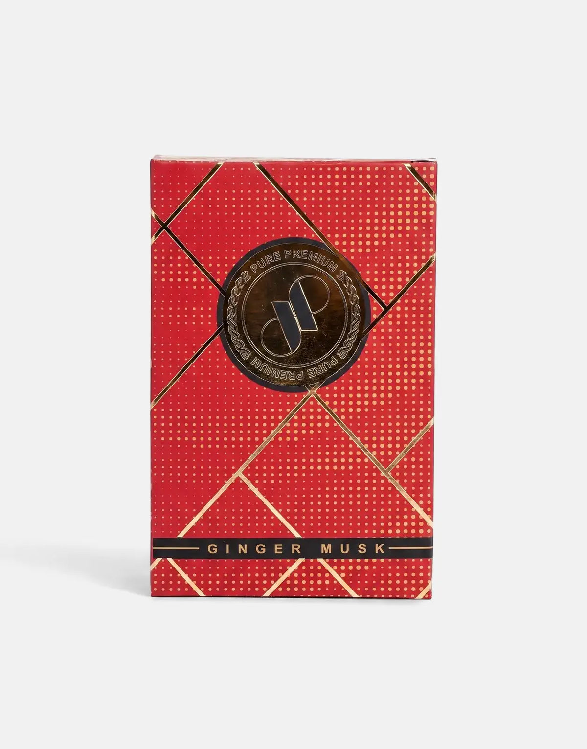 Front view of a Pure Premium Ginger Musk perfume in a red rectangular box with gold geometric patterns and a prominent