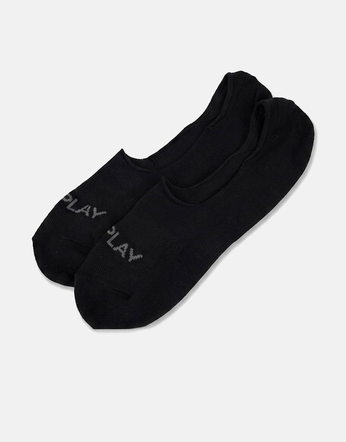 A pair of black Replay no-show socks featuring a 'PLAY' logo on each, presented in a flat-lay style.