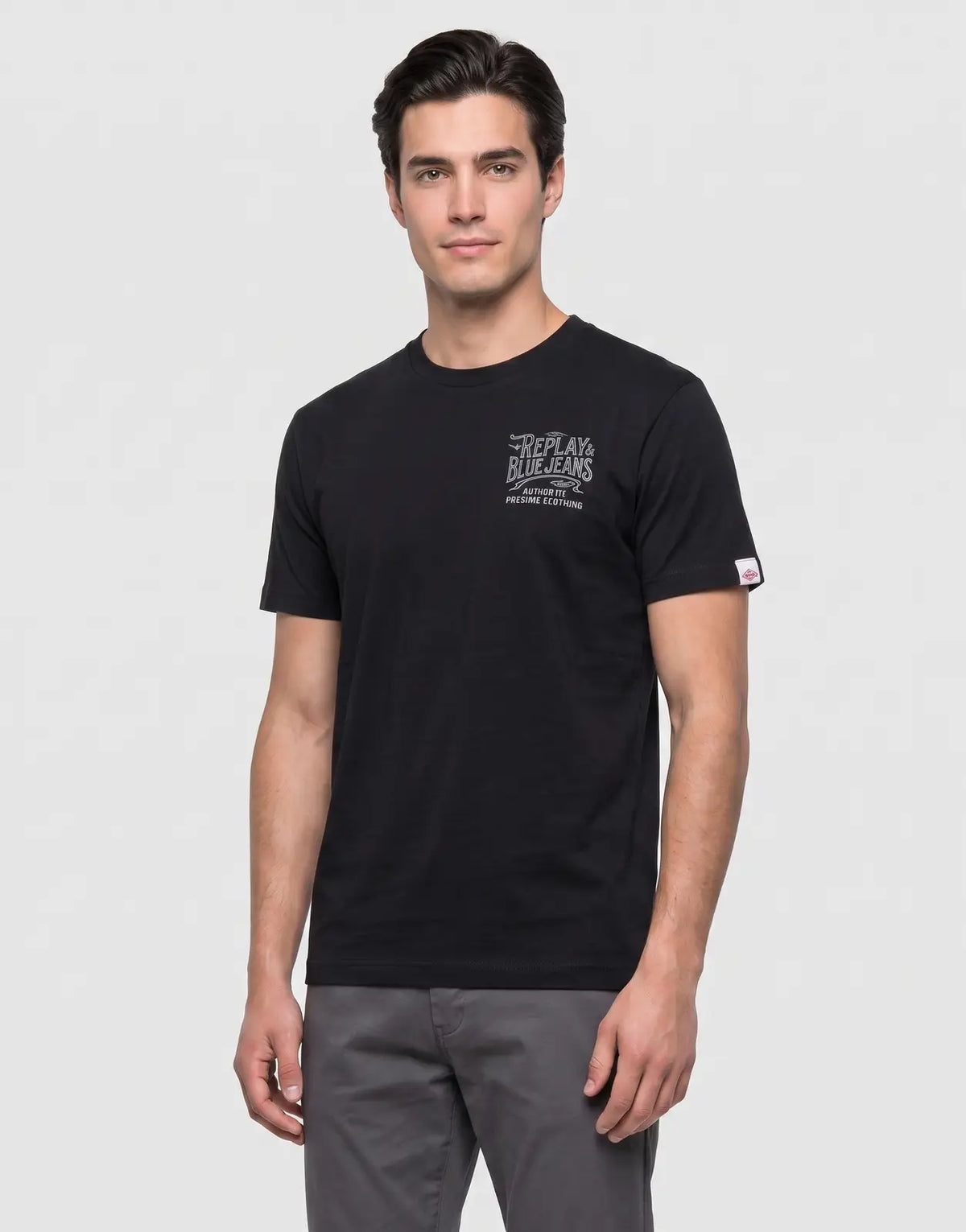 Men's Replay Blue Jeans Side Print black t-shirt with white logo graphic, crafted from soft cotton fabric, worn by model.
