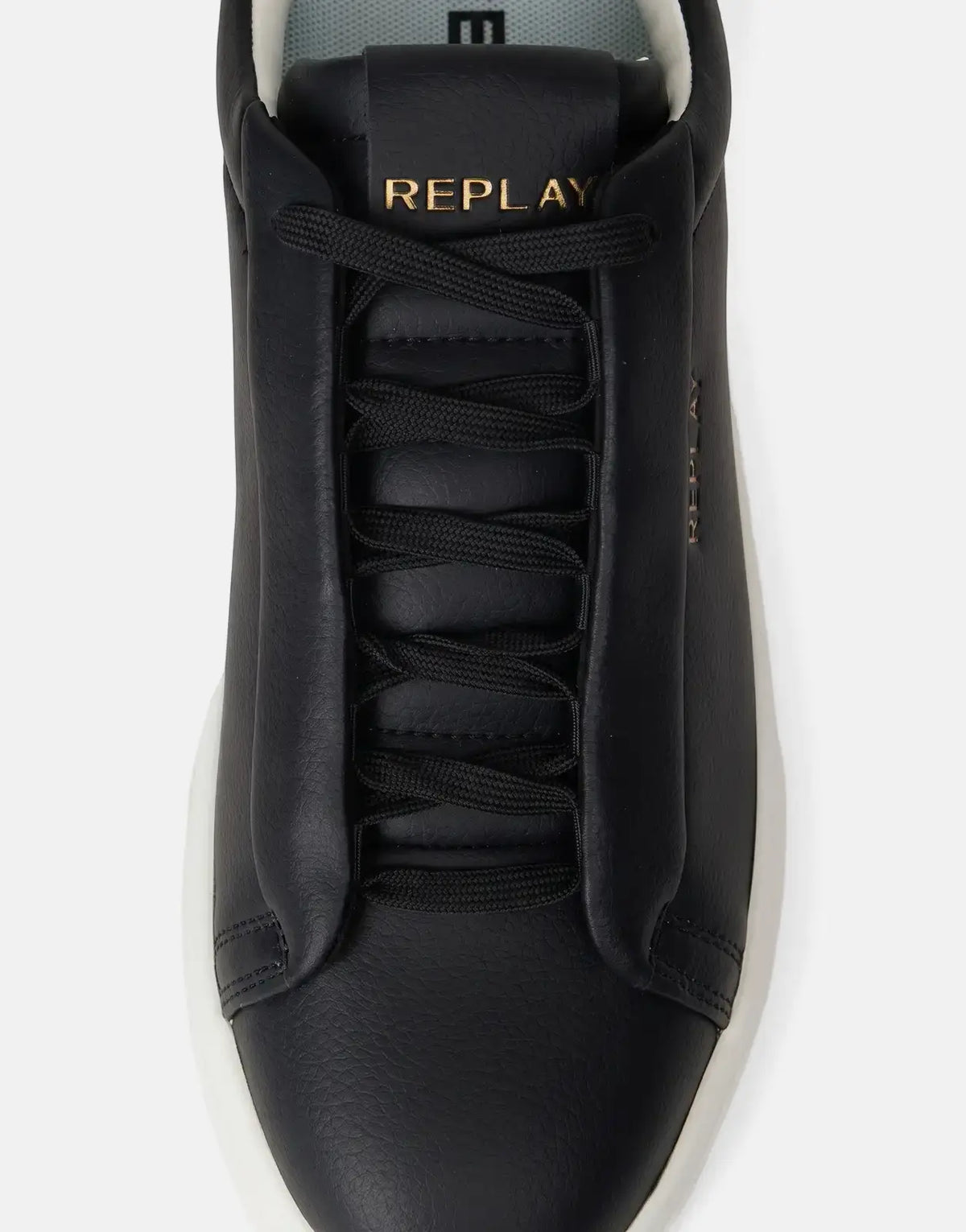 Close-up view of a single Replay Notting Medium Black Sneaker made of textured leather with black laces and a gold 'REPLAY'
