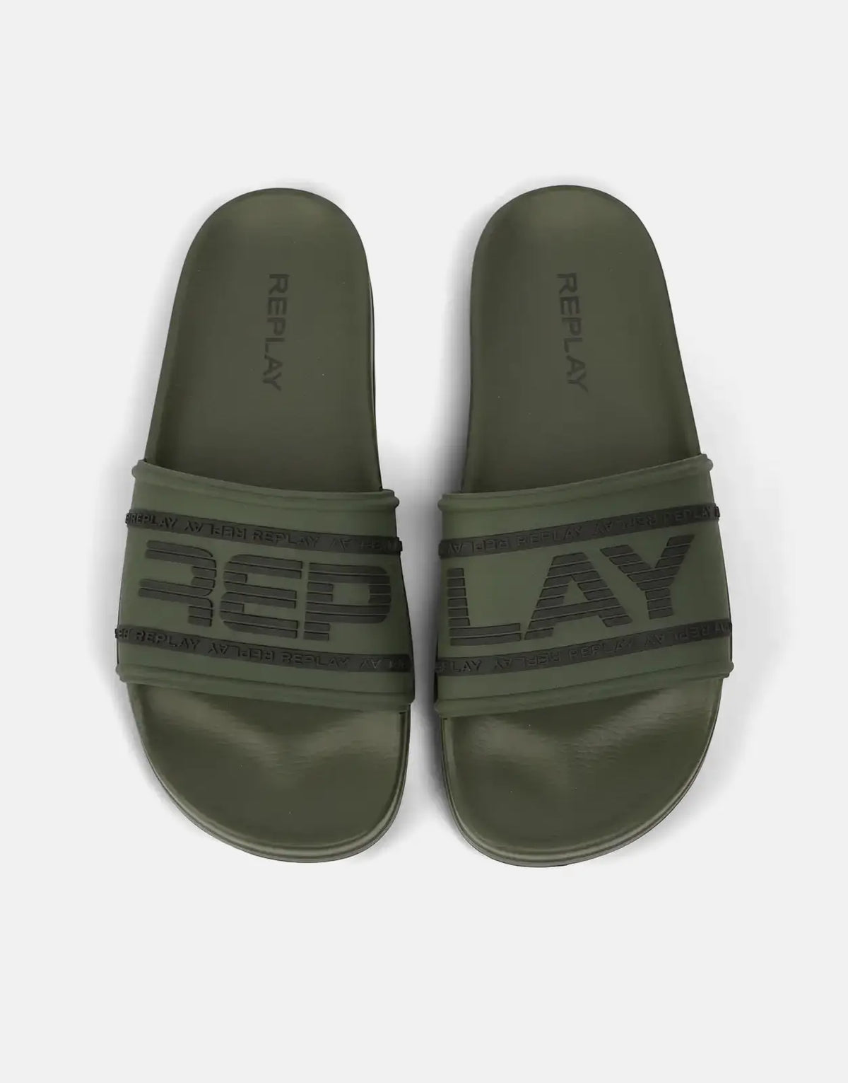 A pair of olive green and black Replay Up Graven Mil slides are shown from a top-down view, featuring prominent brand logos
