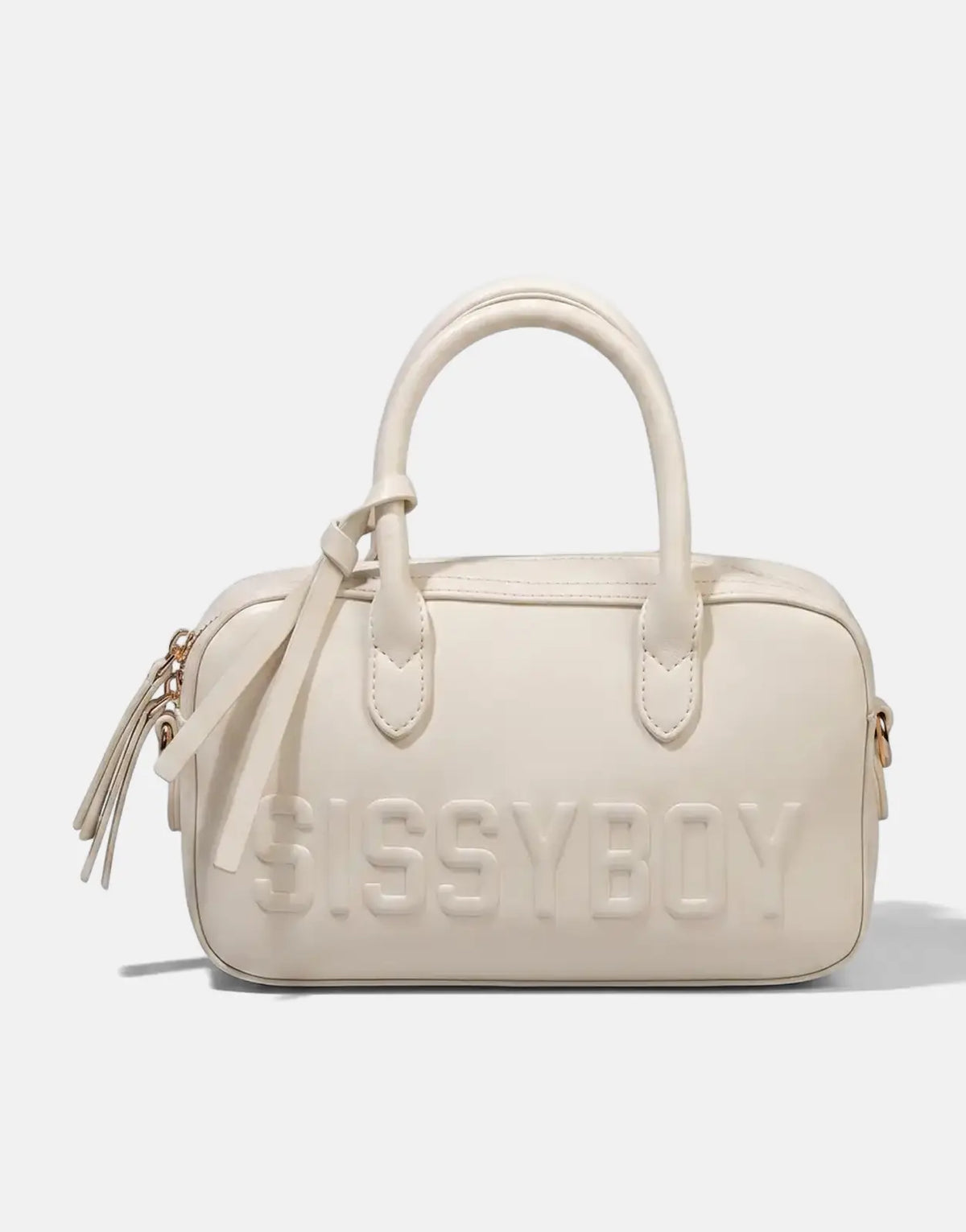 Sissy Boy Emory off white faux leather mini duffel bag with twin top handles and embossed logo, front view.