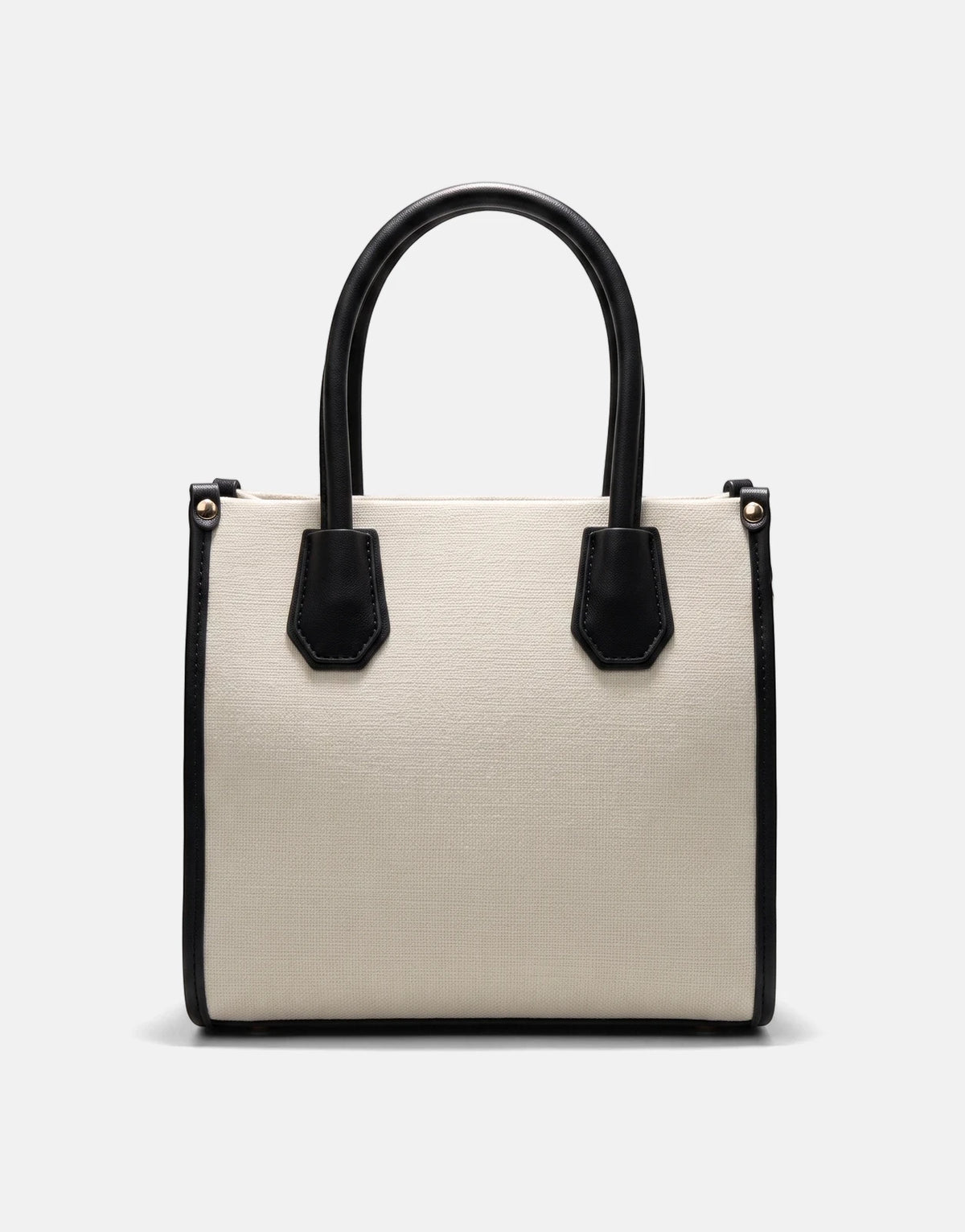 Sissy Boy Willow Black Mini Tote Bag with beige canvas body, black handles and trim, compact structured tote for everyday