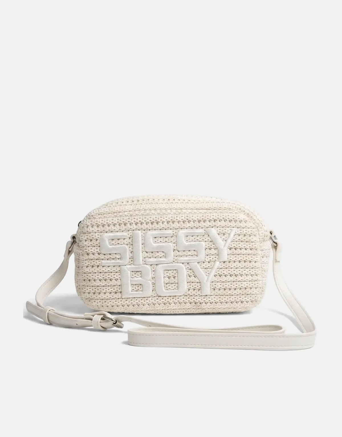 Sissy Boy Wren Off White Bag, a woven crochet crossbody bag with 'SISSY BOY' branding and a long adjustable strap.