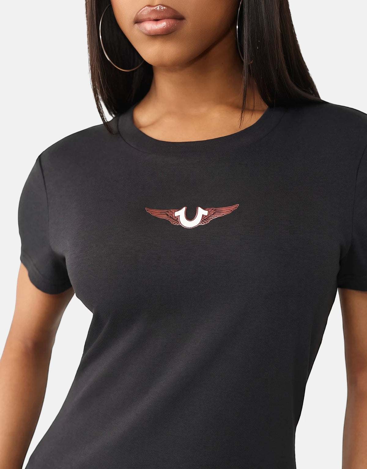 Black True Religion HS Wing T-Shirt for women, featuring a distinctive white and reddish-brown wing logo on the chest.