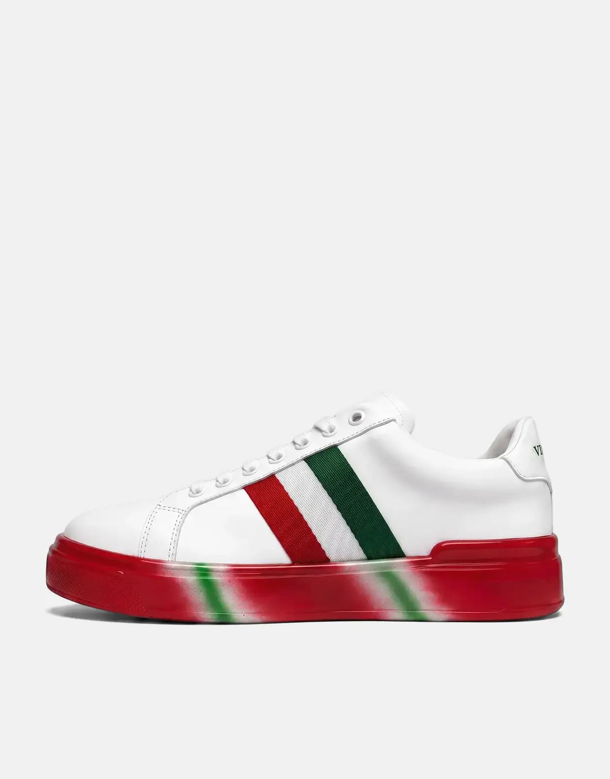 Vialli Rubai White Multi Sneakers, featuring a white leather upper with bold red, white, and green stripes, and a thick red