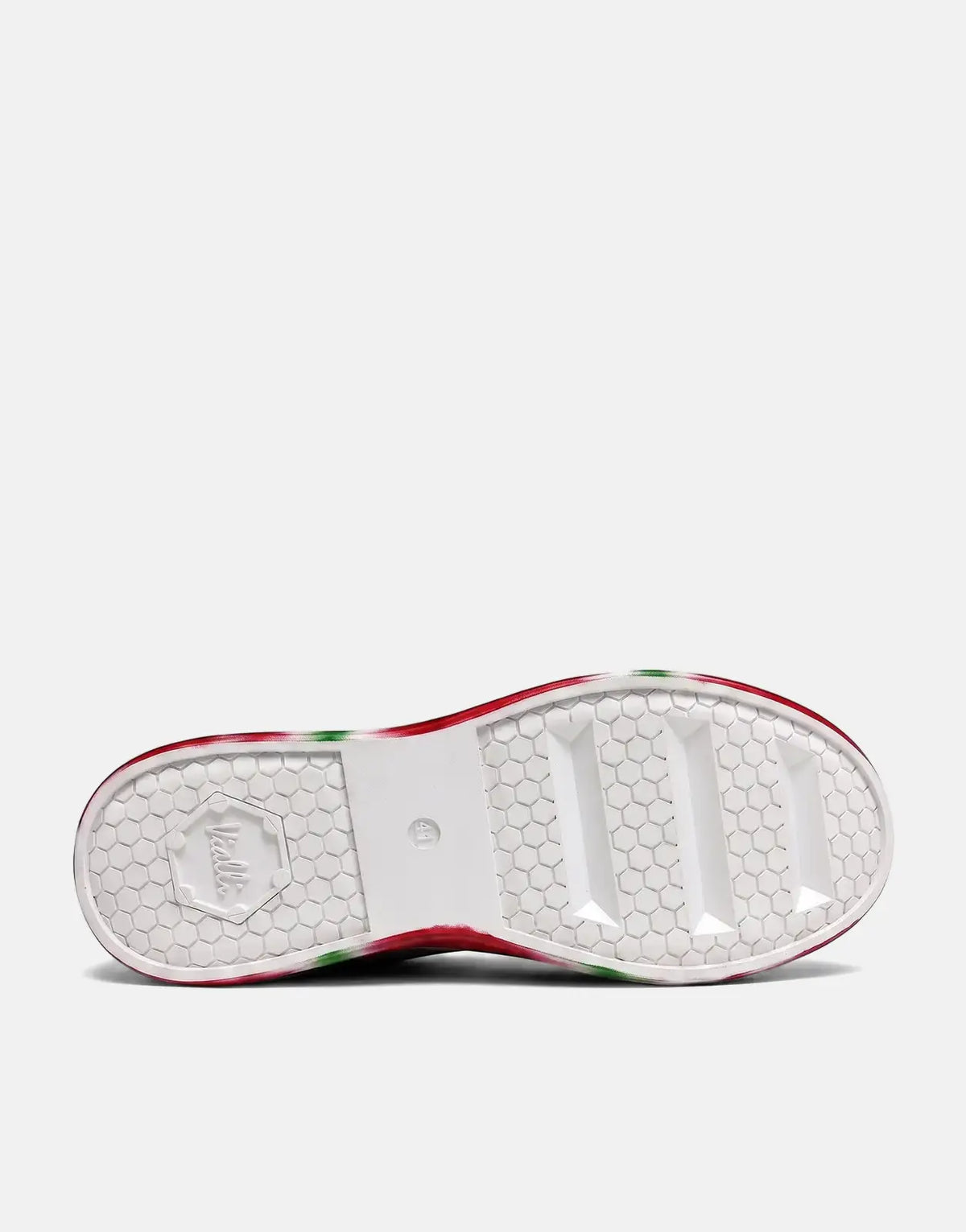 Bottom view of Vialli Rubai White Multi Sneakers, showing the white sole with hexagonal pattern and red and green details.